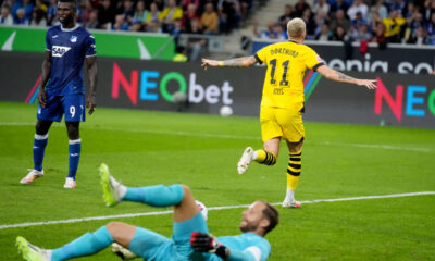 Dortmund's Marco Reus celebrates his side's second goal during a German Bundesliga soccer match between TSG 1899 Hoffenheim and Borussia Dortmund in Sinsheim, Germany, Friday, Sept.29, 2023. (AP Photo/Michael Probst)