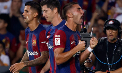 Barcelona's Ferran Torres celebrate scoring his side's third goal during a Spanish La Liga soccer match between Barcelona and Betis at the Olympic Stadium of Montjuic in Barcelona, Spain, Saturday, Sept. 16, 2023. (AP Photo/Joan Monfort)
