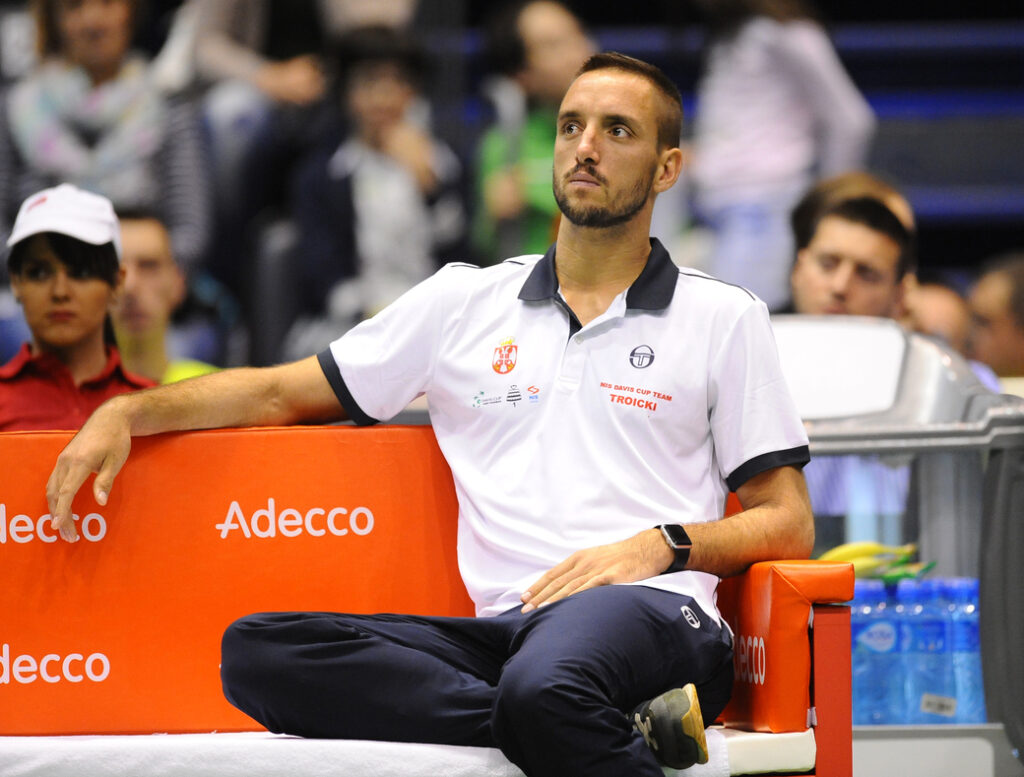 DAVIS CUP - SERBIA vs SPAIN VIKTOR TROICKI, teniser Srbije, na mecu NENAD ZIMONJIC - ALBERT RAMOS VINOLAS Albert Ramos Vinjolas iz Spanije, u hali Aleksandar Nikolic. Beograd, 09.04.2017. foto: Nebojsa Parausic Tenis, Dejvis kup, Srbija, Spanija