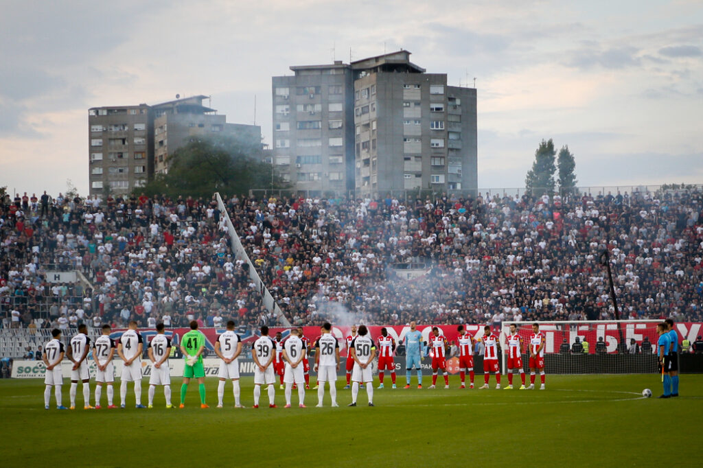 Fudbaleri Partizana na utakmici Super Lige Srbije protiv Crvene Zvezde na stadionu Partizana, Beograd 19.09.2021. godine Foto: Ivica Veselinov / MN PRESS FOOTBALL, FUDBAL, SUPERLIGA SRBIJE, PRVENSTVO SRBIJE, LINGLONG LIGA, PARTIZAN, CRVENA ZVEZDA, DERBI