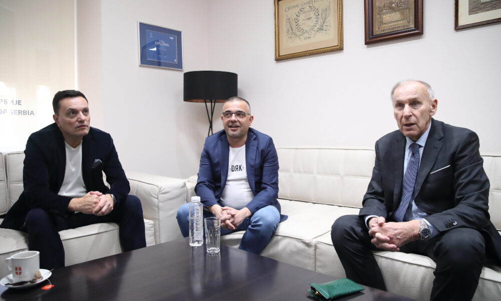 JOVAN SURBATOVIC sekretrar, BRANISLAV NEDIMOVIC potpredsednik, DRAGAN DZAJIC predsednik Fudbalskog saveza Srbije prvi radni dan u FSS, Beograd, 20.03.2023. godine Foto: Marko Metlas Fudbal, Srbija,