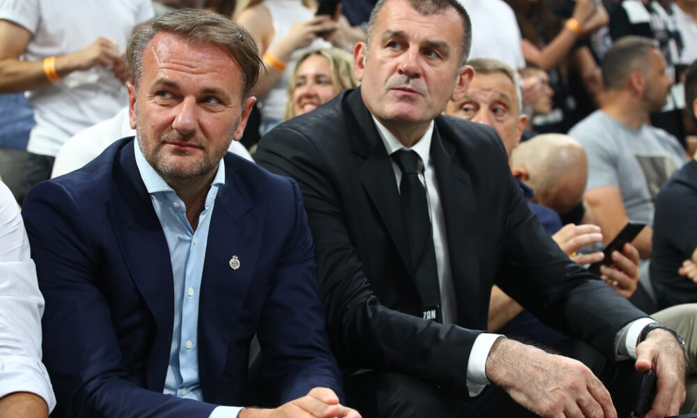 OSTOJA MIJAILOVIC predsednik i ZORAN SAVIC sportski direktor Partizana, na utakmici finala plejofa ABA lige protiv Crvene zvezde, u hali Aleksandar Nikolic. Beograd, 22.06.2023. foto: NMN Press / vm Kosarka, Finale play off ABA league, Crvena zvezda, Partizan