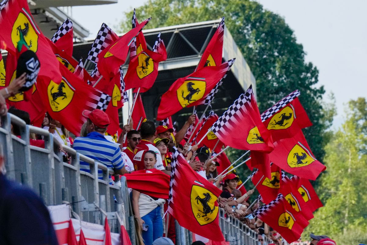 Ferrari supporters cheer on stands during the qualifying session ahead of Sunday's Formula One Italian Grand Prix auto race, at the Monza racetrack, in Monza, Italy, Saturday, Sept. 2, 2023. (AP Photo/Luca Bruno)