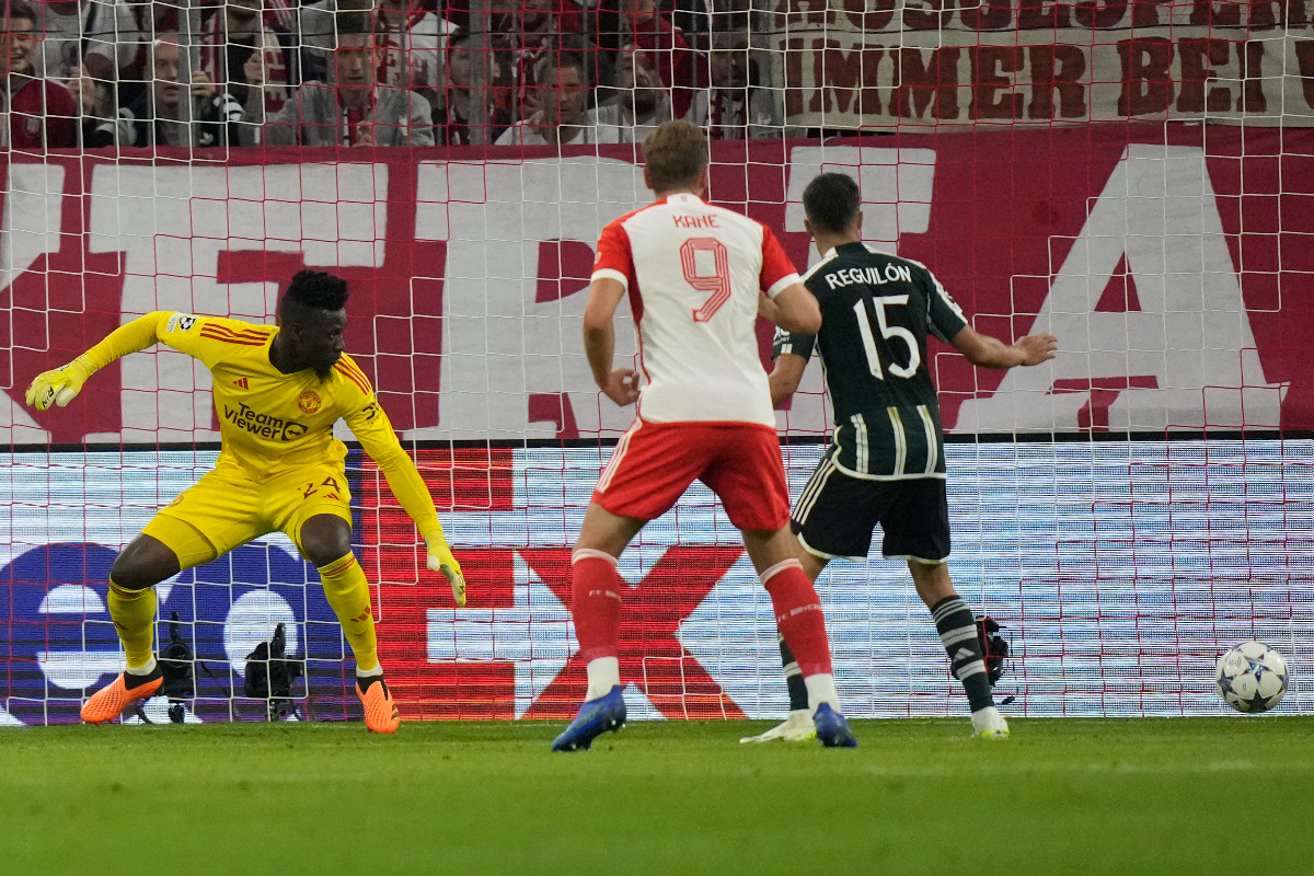 Bayern's Serge Gnabry, not seen, scores his side's second goal during the Champions League group A soccer match between Bayern Munich and Manchester United at the Allianz Arena stadium in Munich, Germany, Wednesday, Sept. 20, 2023. (AP Photo/Matthias Schrader)