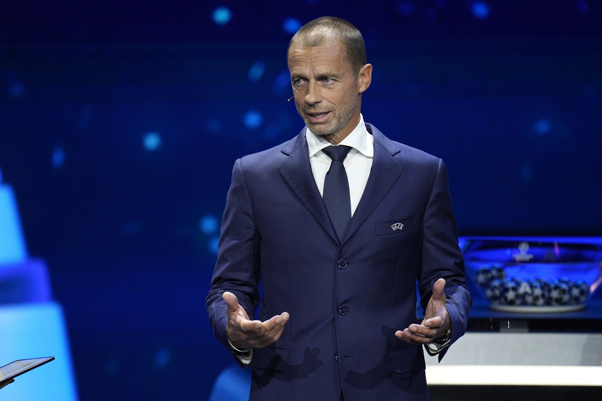 UEFA President Aleksander Ceferin speaks during the 2023/24 UEFA Champions League group stage draw at the Grimaldi Forum in Monaco, Thursday, Aug. 31, 2023.