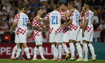 Croatia players celebrate after Croatia's Andrej Kramaric scored his side's fourth goal during the Euro 2024 group D qualifying soccer match between Croatia and Latvia at Rujevica stadium in Rijeka, Croatia, Friday, Sept. 8, 2023.