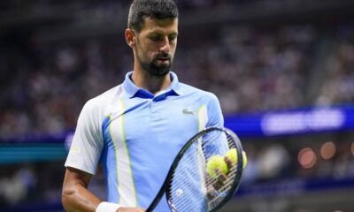 Novak Djokovic, of Serbia, prepares to serve to Ben Shelton, of the United States, during the men's singles semifinals of the U.S. Open tennis championships, Friday, Sept. 8, 2023, in New York. (