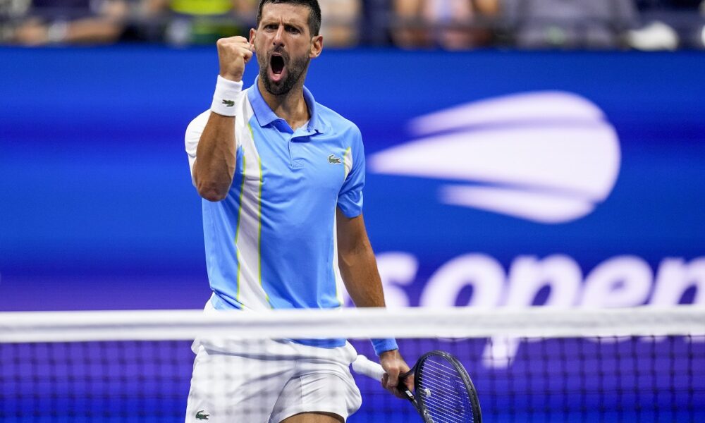 Novak Djokovic, of Serbia, reacts during a match against Ben Shelton, of the United States, during the men's singles semifinals of the U.S. Open tennis championships, Friday, Sept. 8, 2023, in New York.