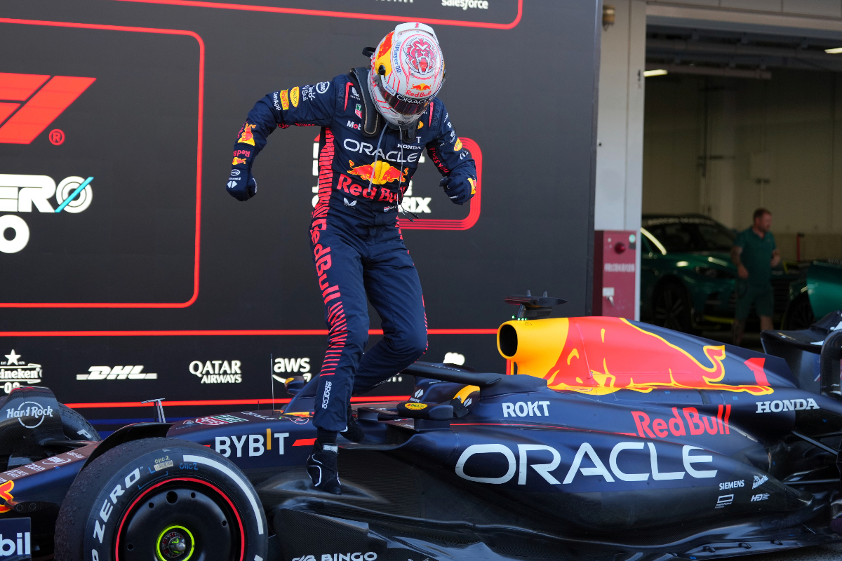 Red Bull driver Max Verstappen of the Netherlands celebrates after winning the Japanese Formula One Grand Prix at the Suzuka Circuit, Suzuka, central Japan, Sunday, Sept. 24, 2023. (AP Photo/Toru Hanai)