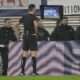 Referee Jose Maria Sanchez looks at the VAR screen during the group G Champions League soccer match between RB Leipzig and Red Star Belgrade at the Red Bull arena stadium in Leipzig, Germany, Wednesday, Oct. 25, 2023. (AP Photo/Matthias Schrader)