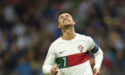 Portugal's Cristiano Ronaldo reacts after scoring his side's second goal during the Euro 2024 group J qualifying soccer match between Bosnia-Herzegovina and Portugal, at the Bilino Polje Stadium in Zenica, Bosnia and Herzegovina, Monday, Oct. 16, 2023. (AP Photo/Armin Durgut)
