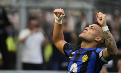 Inter Milan's Lautaro Martinez celebrates after scoring his side's second goal during a Serie A soccer match between Inter Milan and Bologna at the San Siro stadium in Milan, Italy, Saturday, Oct.7, 2023. (AP Photo/Luca Bruno)