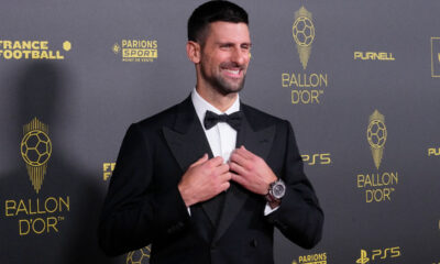 Tennis player Novak Djokovic poses for a picture prior the 67th Ballon d'Or (Golden Ball) award ceremony at Theatre du Chatelet in Paris, France, Monday, Oct. 30, 2023. (AP Photo/Michel Euler)