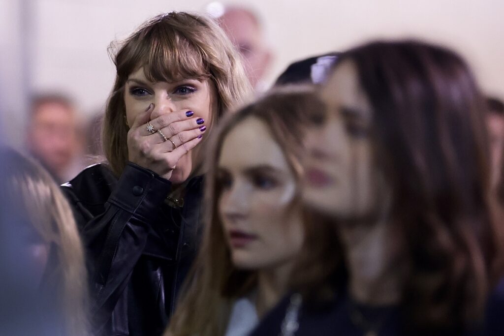 Taylor Swift reacts as she leaves Met Life Stadium after watching an NFL football game between the New York Jets and the Kansas City Chiefs, Monday, Oct. 2, 2023, in East Rutherford, N.J. (AP Photo/Adam Hunger)