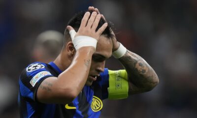 Inter Milan's Lautaro Martinez reacts after a missed scoring opportunity during the Champions League, Group D soccer match between Inter Milan and Benfica, at the San Siro stadium in Milan, Italy, Tuesday, Oct. 3, 2023. (AP Photo/Luca Bruno)
