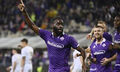 Fiorentina's Jonathan Ikone celebrates scoring his side's third goal of the game during the Europa Conference League group F soccer match between Fiorentina and Cukaricki at the Artemio Franchi Stadium in Florence, Italy, Thursday, Oct. 26, 2023. (Massimo Paolone/LaPresse via AP)