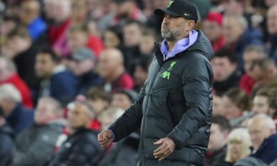 Liverpool manager Jurgen Klopp reacts during a Europa League Group E soccer match between Liverpool and Union Saint-Gilloise, Thursday, Oct. 5, 2023, at Anfield in Liverpool, England. (AP Photo/Jon Super)