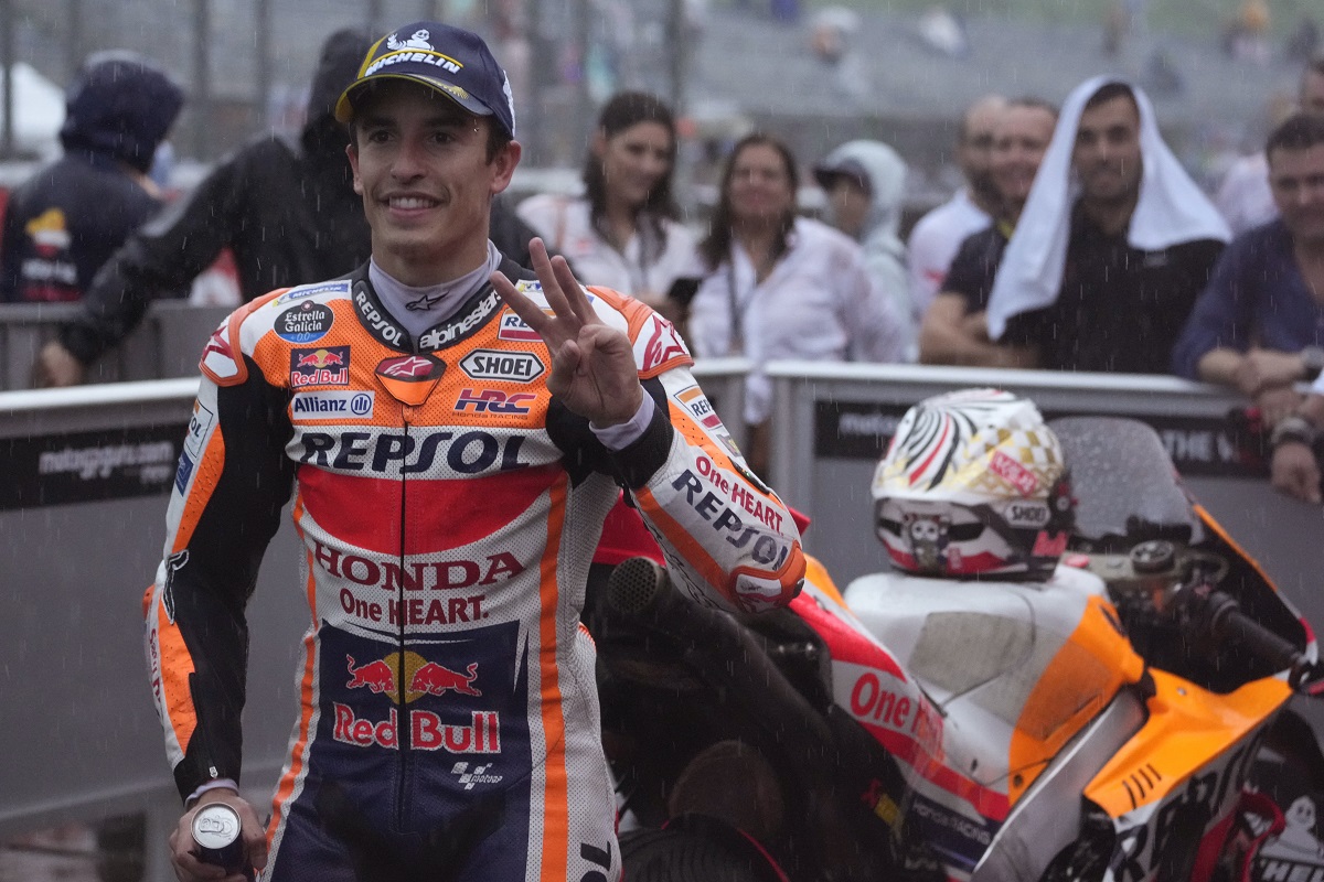 Third placed Spanish rider Marc Marquez, celebrates after the MotoGP race of Japanese Motorcycle Grand Prix at the Twin Ring Motegi circuit in Motegi, north of Tokyo Sunday, Oct. 1, 2023.(AP Photo/Shuji Kajiyama)