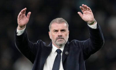Tottenham's head coach Ange Postecoglou greets supporters at the end of the English Premier League soccer match between Tottenham Hotspur and Fulham at the Tottenham Hotspur Stadium in London, Monday, Oct. 23, 2023. (AP Photo/Kin Cheung)