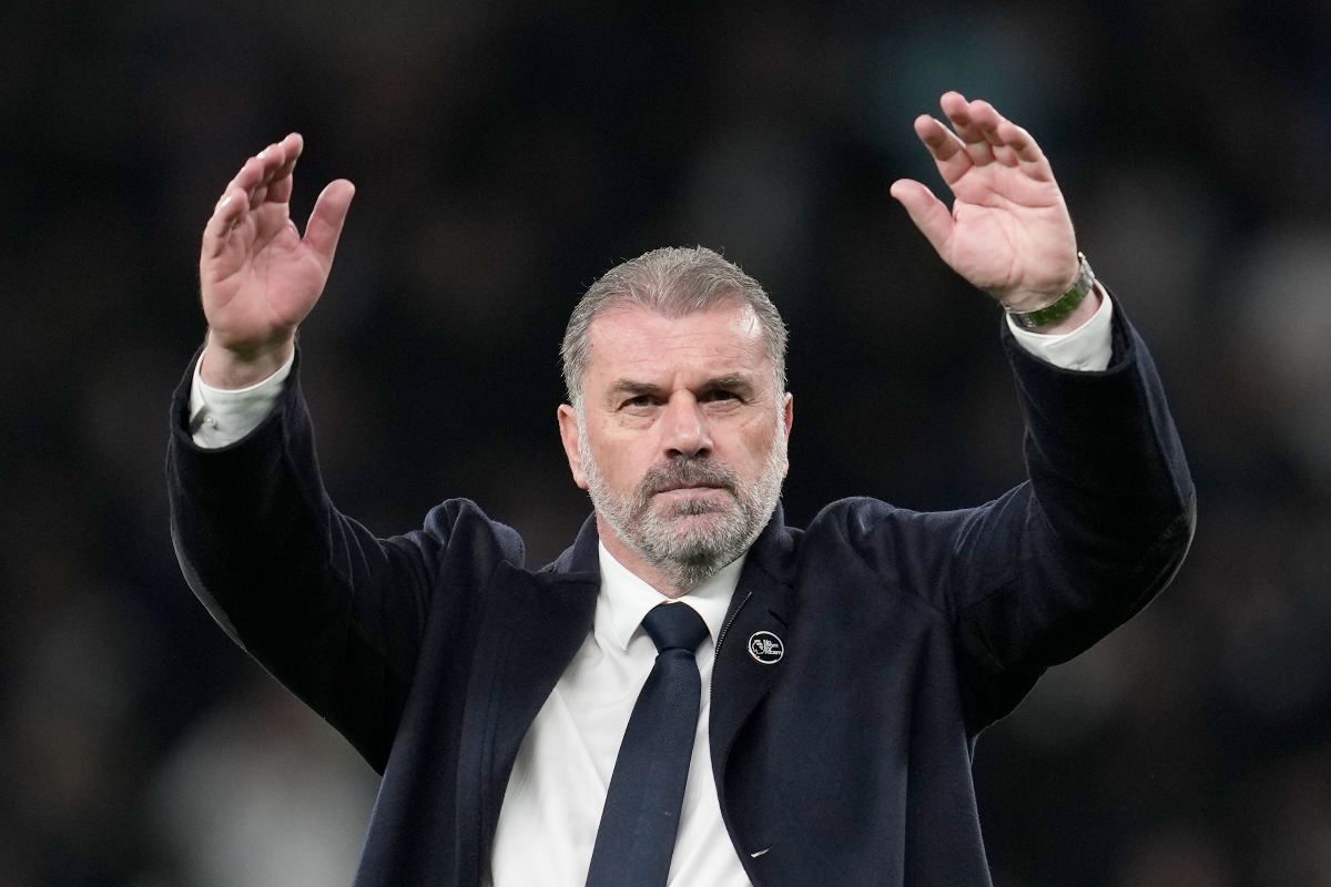Tottenham's head coach Ange Postecoglou greets supporters at the end of the English Premier League soccer match between Tottenham Hotspur and Fulham at the Tottenham Hotspur Stadium in London, Monday, Oct. 23, 2023. (AP Photo/Kin Cheung)