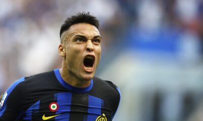 Inter Milan's Lautaro Martinez celebrates after scoring his side's second goal during a Serie A soccer match between Inter Milan and Bologna at the San Siro stadium in Milan, Italy, Saturday, Oct.7, 2023. (Spada/LaPresse via AP)