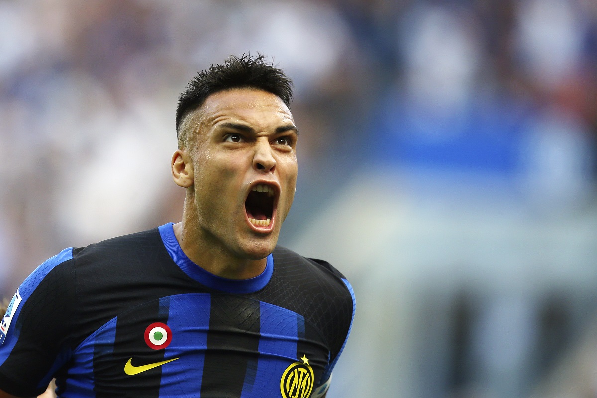 Inter Milan's Lautaro Martinez celebrates after scoring his side's second goal during a Serie A soccer match between Inter Milan and Bologna at the San Siro stadium in Milan, Italy, Saturday, Oct.7, 2023. (Spada/LaPresse via AP)