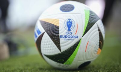 A UEFA Euro 2024 Ball lays on the ground during a presentation of the new ball in Berlin, Germany, Wednesday, Nov. 15, 2023. The ball is named 'Fussballliebe' - 'Footbal Love' or 'Soccer Love'. (AP Photo/Markus Schreiber)