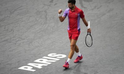 Serbia's Novak Djokovic celebrates winning a point as he plays Argentina's Tomas Martin Etcheverry during the second round of the Paris Masters tennis tournament, at the Accor Arena, Wednesday Nov.1, 2023 in Paris. (AP Photo/Michel Euler)