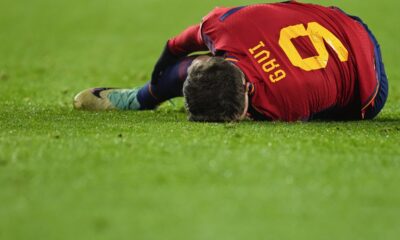 Spain's Gavi Paez reacts after injuring his leg during the Euro 2024 group A qualifying soccer match between Spain and Georgia at Jose Zorrilla Stadium in Valladolid, Spain, Sunday, Nov. 19 23, 2023. (AP Photo/Manu Fernandez)