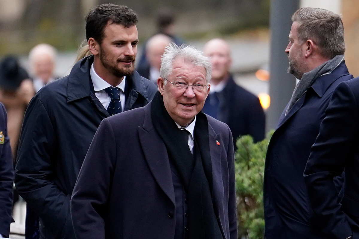 Alex Ferguson former manager of Manchester United arrives for the funeral of English soccer icon Bobby Charlton in Manchester, England, Monday, Nov. 13, 2023. Charlton who played largely for Manchester United survived a plane crash that decimated a United team destined for greatness, he went on to became the heartbeat of his country's 1966 World Cup triumph. (AP Photo/Dave Thompson)