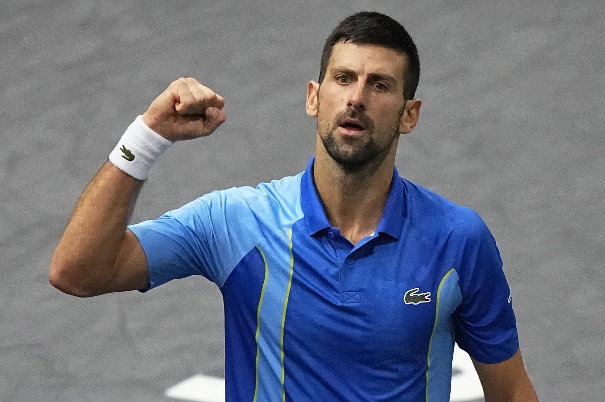 Serbia's Novak Djokovic celebrates after winning a point during the final match against Bulgaria's Grigor Dimitrov at the Paris Masters tennis tournament Sunday, Nov. 5, 2023. (AP Photo/Michel Euler)