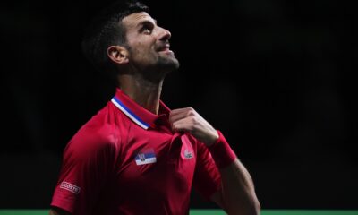 Serbia's Novak Djokovic reacts during a Davis Cup quarter-final tennis match against Britain's Cameron Norrie in Malaga, Spain, Thursday, Nov. 23, 2023. (AP Photo/Manu Fernandez)
