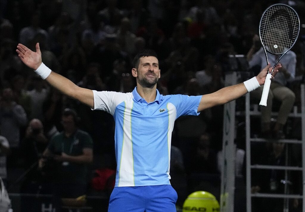 Serbia's Novak Djokovic celebrates after defeating Russia's Andrej Rublev during the semifinals of the Paris Masters tennis tournament at the Accor Arena, Saturday, Nov. 4, 2023, in Paris. (AP Photo/Michel Euler)