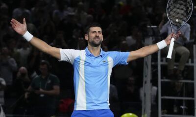 Serbia's Novak Djokovic celebrates after defeating Russia's Andrej Rublev during the semifinals of the Paris Masters tennis tournament at the Accor Arena, Saturday, Nov. 4, 2023, in Paris. (AP Photo/Michel Euler)