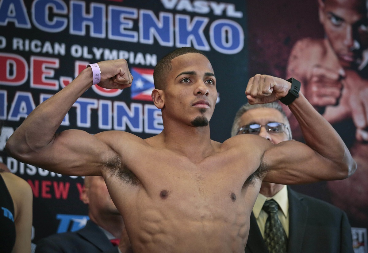 FILE - Puerto Rican boxer Felix Verdejo poses after his weigh-in at Madison Square Garden in New York, June 10, 2016. Verdejo received two life sentences on Nov. 3, 2023 after he was found guilty in the killing of his 27-year-old pregnant lover. (AP Photo/Bebeto Matthews, File)