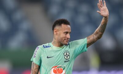 FILE - Brazil's Neymar waves to fans during a training session in Cuiaba, Brazil, Tuesday, Oct. 10, 2023. Armed robbers entered the home of Brazilian soccer star Neymar's wife's parents and took the older couple hostage early Tuesday, Nov. 7, Neymar's wife, Bruna Biancardi, wrote on her verified Instagram account.(AP Photo/Andre Penner, File)