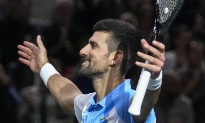 Serbia's Novak Djokovic celebrates after defeating Russia's Andrej Rublev during the semifinals of the Paris Masters tennis tournament at the Accor Arena, Saturday, Nov. 4, 2023, in Paris. (AP Photo/Michel Euler)