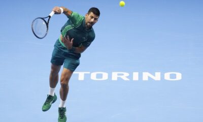 Serbia's Novak Djokovic serves to Spain's Carlos Alcaraz during their singles semifinal tennis match of the ATP World Tour Finals at the Pala Alpitour, in Turin, Italy, Saturday, Nov. 18, 2023. (AP Photo/Antonio Calanni)