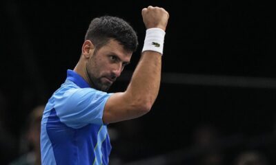 Serbia's Novak Djokovic reacts after winning a point from Russia's Andrej Rublev during the semifinal of the Paris Masters tennis tournament at the Accor Arena, Saturday, Nov. 4, 2023, in Paris. (AP Photo/Michel Euler)
