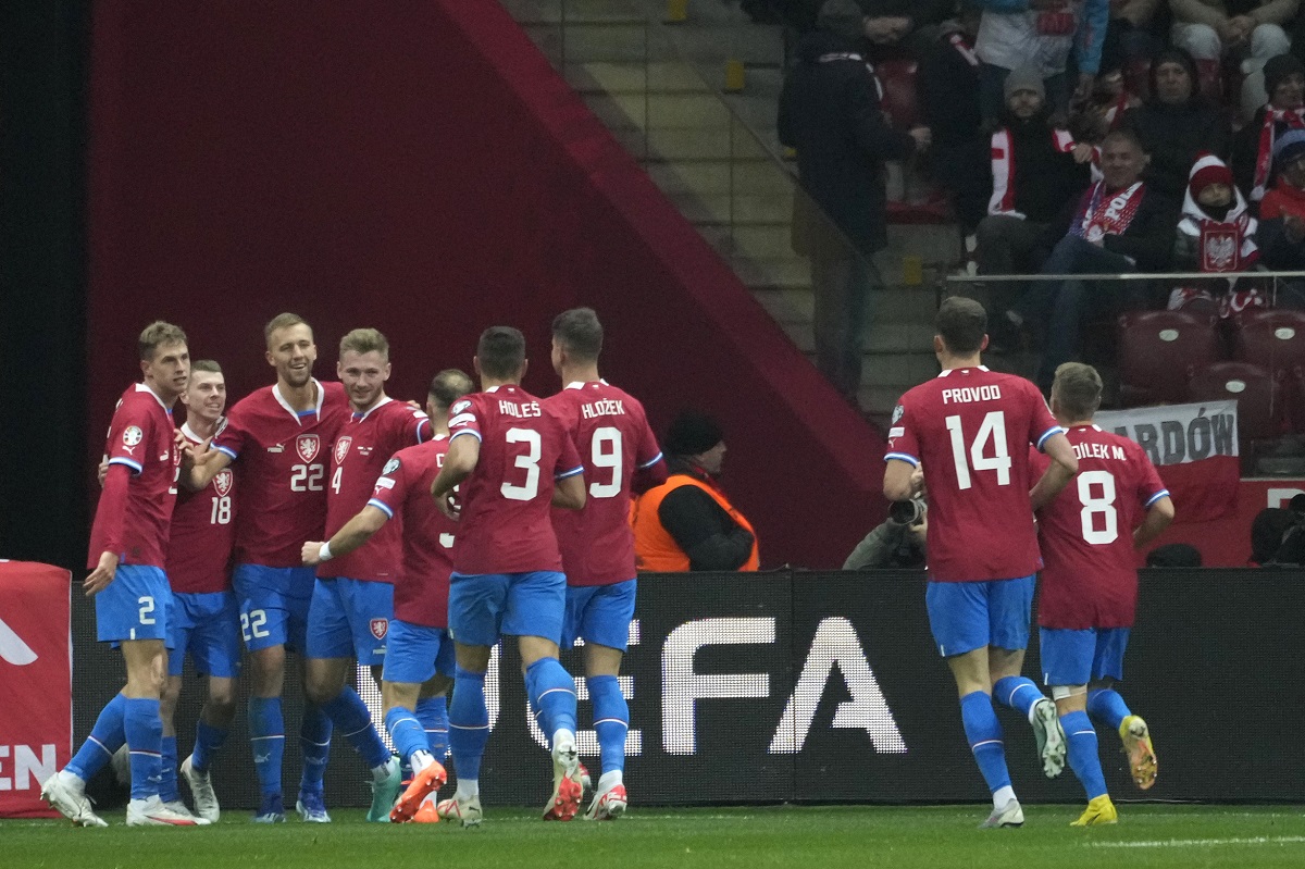 Czech Republic's Tomas Soucek celebrates with teammates after scoring his sides first goal during the Euro 2024 group E qualifying soccer match between Poland and Czech Republic at the National stadium in Warsaw, Poland, Friday, Nov. 17, 2023. (AP Photo/Czarek Sokolowski)