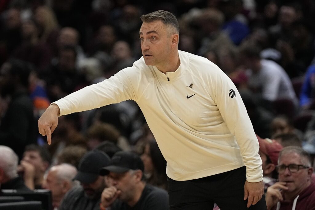 Toronto Raptors head coach Darko Rajakovic gestures in the second half of an NBA basketball game against the Cleveland Cavaliers, Sunday, Nov. 26, 2023, in Cleveland. (AP Photo/Sue Ogrocki)