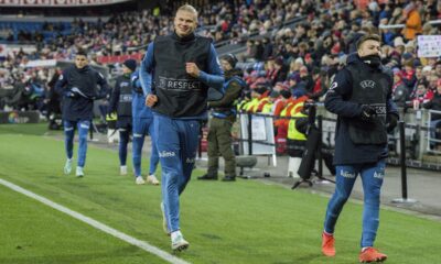 Norway's Erling Haaland, front left, warms up prior to the international friendly soccer match between Norway and the Faroe Islands at the Ullevaal stadium in Oslo, Norway, Thursday, Nov. 16, 2023. (Cornelius Poppe /NTB Scanpix via AP)