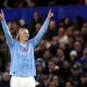 Manchester City's Erling Haaland celebrates after scoring his side's opening goal during the English Premier League soccer match between Chelsea and Manchester City at Stamford Bridge stadium in London, Sunday, Nov. 12, 2023. (John Walton/PA via AP)