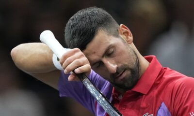 Serbia's Novak Djokovic wipes his forehead as he plays Argentina's Tomas Martin Etcheverry during the second round of the Paris Masters tennis tournament, at the Accor Arena, Wednesday Nov.1, 2023 in Paris. (AP Photo/Michel Euler)
