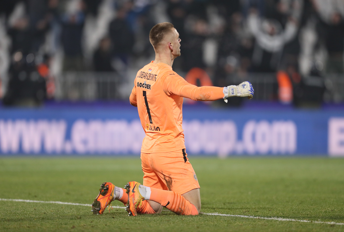 Aleksandar Jovanović golman Partizana, na prvenstvenoj utakmici protiv Crvene zvezde, na stadionu JNA. Beograd, 20.12.2023. foto: Marko Metlas Fudbal, 171. derbi, Partizan, Crvena zvezda,