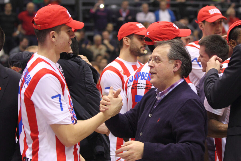 VOJISLAV STOJANOVIC i NEBOJSA COVIC predsednik kosarkasa Crvene zvezde na utakmici Kupa Radivoja Koraca, Kupa Srbije protiv Mega Vizura u hali Pionir, Beograd 09.02.2014. godine Foto: Marko Metlas Kosarka, Mega Vizura, Kup Radivoja Koraca, Kup Srbije, Crvena zvezda