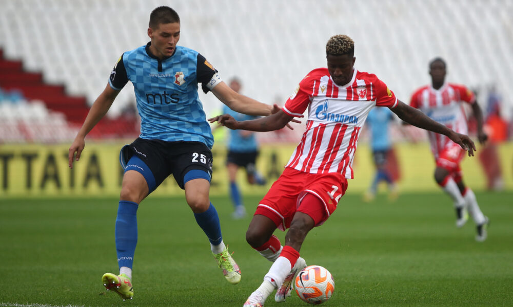 PETER OLAYINKA Peter Olajinka fudbaler Crvene Zvezde na utakmici Mocart Superlige Srbije protiv NEMANJA DJEKOVIC iz Napretka na stadionu Rajko Mitic, Beograd 06.08.2023. godine Foto: Ivica Veselinov / MN PRESS FUDBAL, FOOTBALL, FK CRVENA ZVEZDA, NAPREDAK KRUSEVAC, MOZZART SUPERLIGA, PRVENSTVO SRBIJE, NATIONAL CHAMPIONSHIP