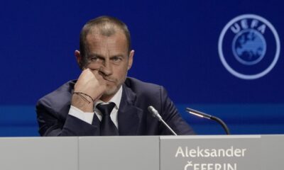 FILE - President of UEFA Aleksander Ceferin listens to questions during a news conference, after being reelected, at the end of the 47th ordinary UEFA congress in Lisbon, Wednesday, April 5, 2023. The European Union’s top court has ruled UEFA and FIFA acted contrary to competition law by blocking plans for the breakaway Super League. The case was heard last year at the Court of Justice after Super League failed at launch in April 2021. UEFA President Aleksander Ceferin called the club leaders “snakes” and “liars.” (AP Photo/Armando Franca, File)