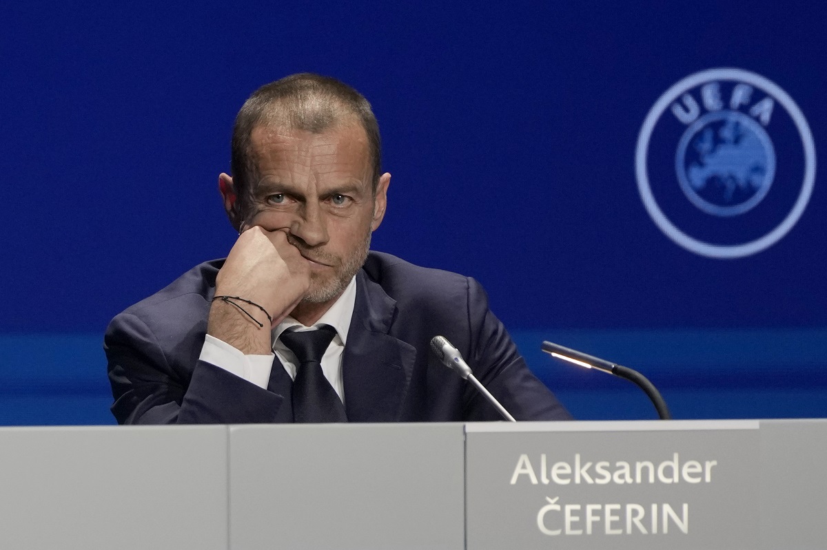 FILE - President of UEFA Aleksander Ceferin listens to questions during a news conference, after being reelected, at the end of the 47th ordinary UEFA congress in Lisbon, Wednesday, April 5, 2023. The European Union’s top court has ruled UEFA and FIFA acted contrary to competition law by blocking plans for the breakaway Super League. The case was heard last year at the Court of Justice after Super League failed at launch in April 2021. UEFA President Aleksander Ceferin called the club leaders “snakes” and “liars.” (AP Photo/Armando Franca, File)