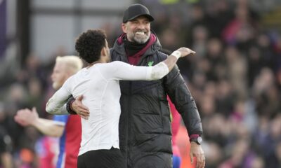 Liverpool's manager Jurgen Klopp celebrates with Liverpool's Luis Diaz, left, at the end of the Premier League soccer match between Crystal Palace and Liverpool at Selhurst Park, in London, England, Saturday, Dec. 9, 2023. (AP Photo/Kin Cheung)